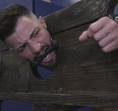 Locked hunk gets his ass fingered and rammed by the master