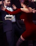 Sexy big boobs brunette in red dress is ready for blowjob. Agent X 2: