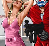 Beautiful busty blonde in pink dress caught by armed robber. The Great