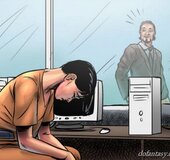 Busty brunette came to a computer room, where she is found by lawyer.